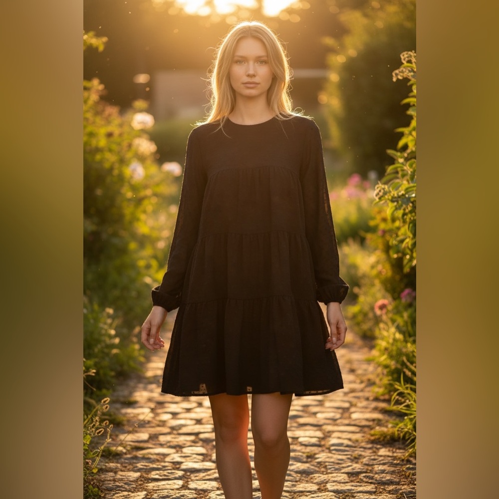 LOFT Black Long Sleeve Tiered Mini Dress